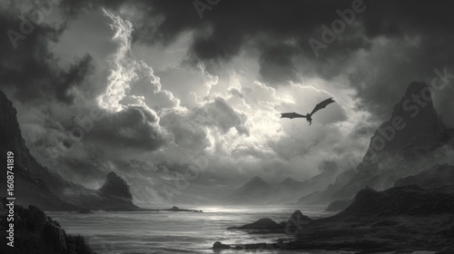 Dragon flying over water with dramatic sky in black and white fantasy landscape