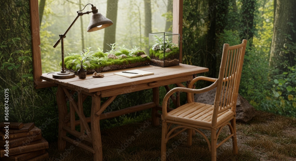 Obraz premium A rustic wooden desk and chair are set against a forest backdrop, featuring a lamp, moss, terrarium, and papers, creating a nature-inspired workspace.
