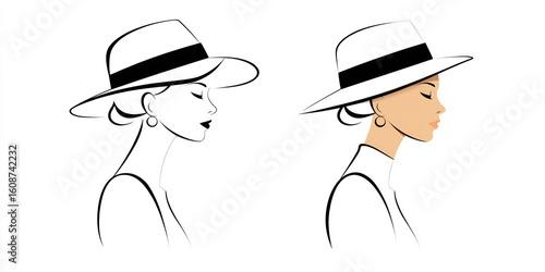 minimalist line art woman with hat design illustration