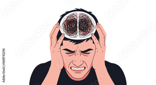 A stressed man holds his head with a brain filled with tangled lines, illustrating mental health issues, anxiety, and the complexities of the mind.