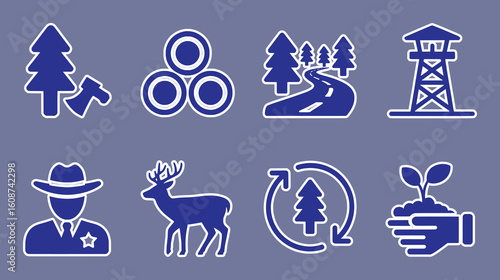 Forest ranger deer road watchtower lumber ax planting vector silhouette