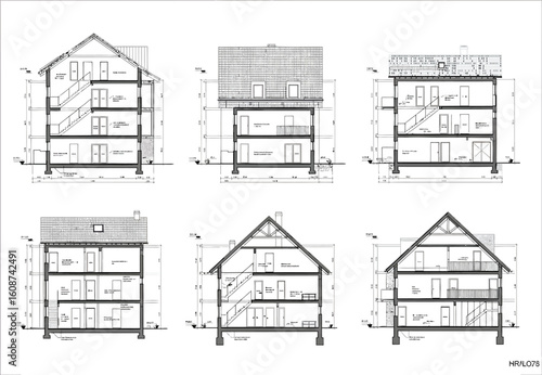 Architectural cross section drawings of six different house designs showing interior layouts and structural details