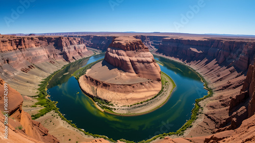 Panoramic aerial view of Horseshoe bend on the Colorado river near Page in summer, Arizona, USA United States of America. Incised intrenched meanders of stream in Glen Canyon National Recreation Area