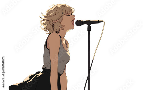 The Vocal Performance: Capturing a moment of passion and intensity, the image presents a vocalist fully immersed in her performance, her energy and emotion flowing through the microphone