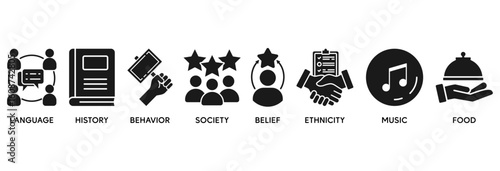 Culture icon set vector illustration concept relate to language, history, behavior, society, belief, ethnicity, music and food