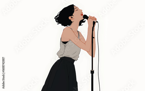 Harmony on Stage: A captivating singer, embodying poise and passion, pours her heart into a microphone, her form illuminated by the stage's glow, presenting the art of musical performance.