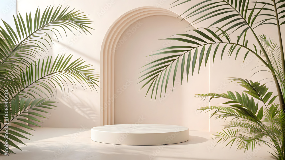 Fototapeta premium Elegant Podium Showcase: A serene setting presents a minimalist podium, accentuated by lush palm leaves, ideal for displaying products in an atmosphere of refined simplicity. 