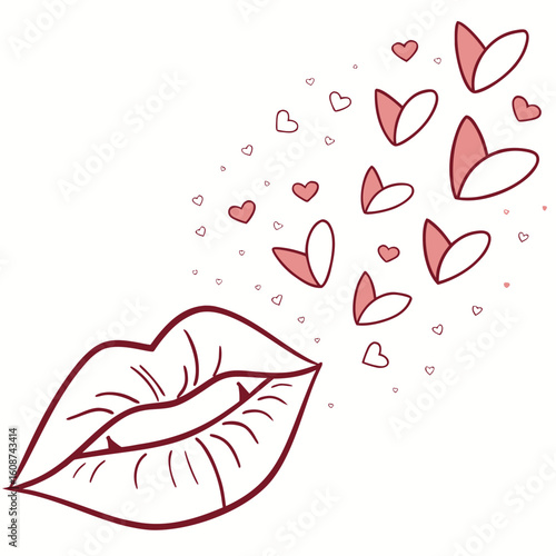 A pair of stylized lips blowing a flurry of pink and red hearts against a white background