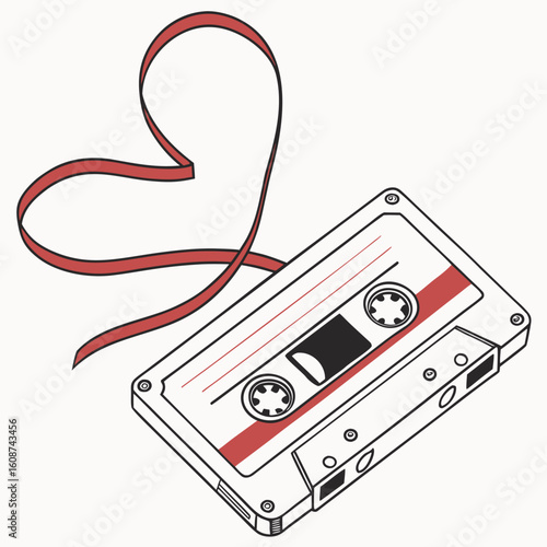 Vintage cassette tape with red ribbon shaped into a heart symbol on a white background