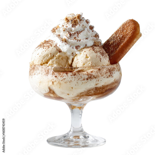 Rich vanilla ice cream dessert served in a clear glass coupe with whipped cream and a ladyfinger cookie