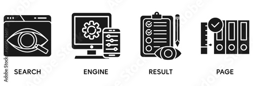 SERP icon set vector illustration concept relate to search engine result page with icon of web search, computer, search engine, mobile search, page result, and statistics graph
