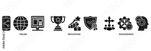 ORM icon set vector illustration concept relate to online reputation management with icon of internet, browser, winner, trust, favorite, and business