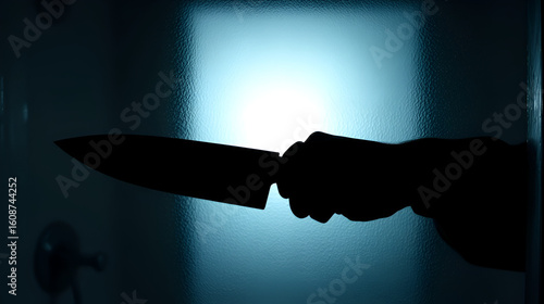 shadow of hand holding big sharp knife behind Frosted glass in the bathroom background.Robber,murderer or killer with knife.concept of scary crime scene of horror or thriller movies,Halloween theme