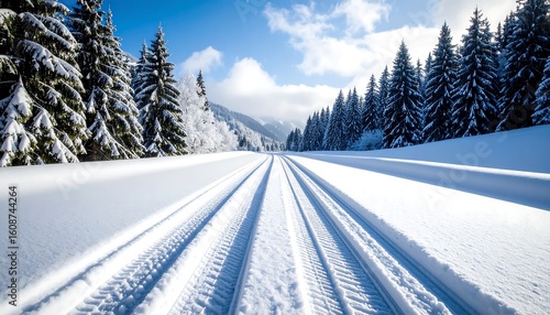 Winter wonderland vista.  Tracks of a snowmobile or cross-country ski trail through a snowy forest