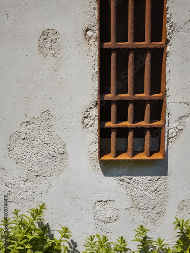 Background, texture. Iron rusted fittings in a breakaway concrete wall and plaster. The iron lattice