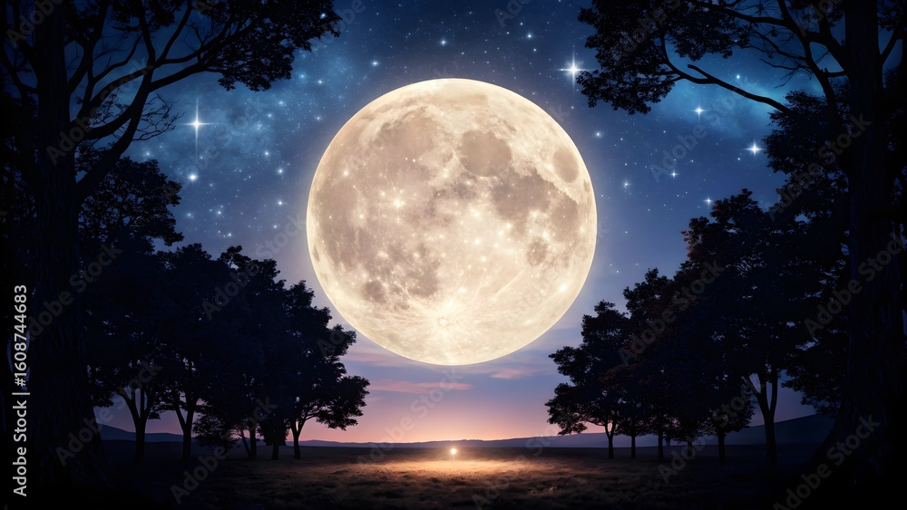 Naklejka premium Full moon shines brightly in a starry night sky