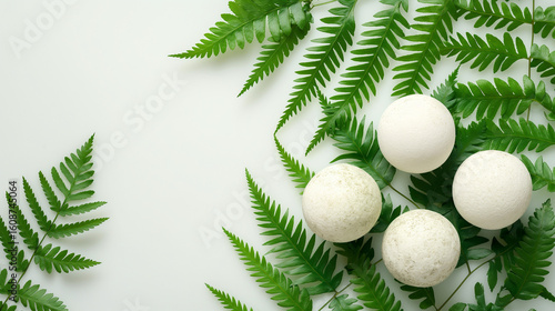 Four white easter eggs nestled among vibrant green fern leaves on a white background