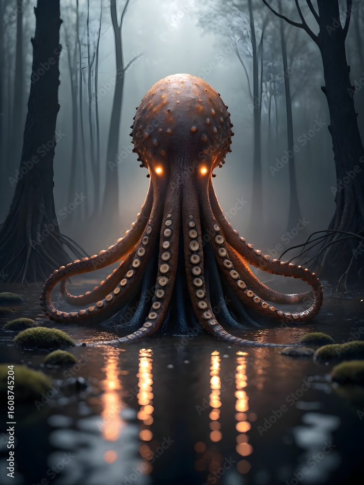 Fototapeta premium A giant octopus with glowing eyes in a dark forest