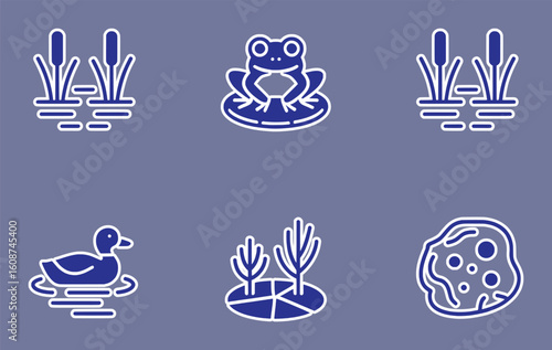 Blue outline icons of pond life and plants on a purple background vector silhouette