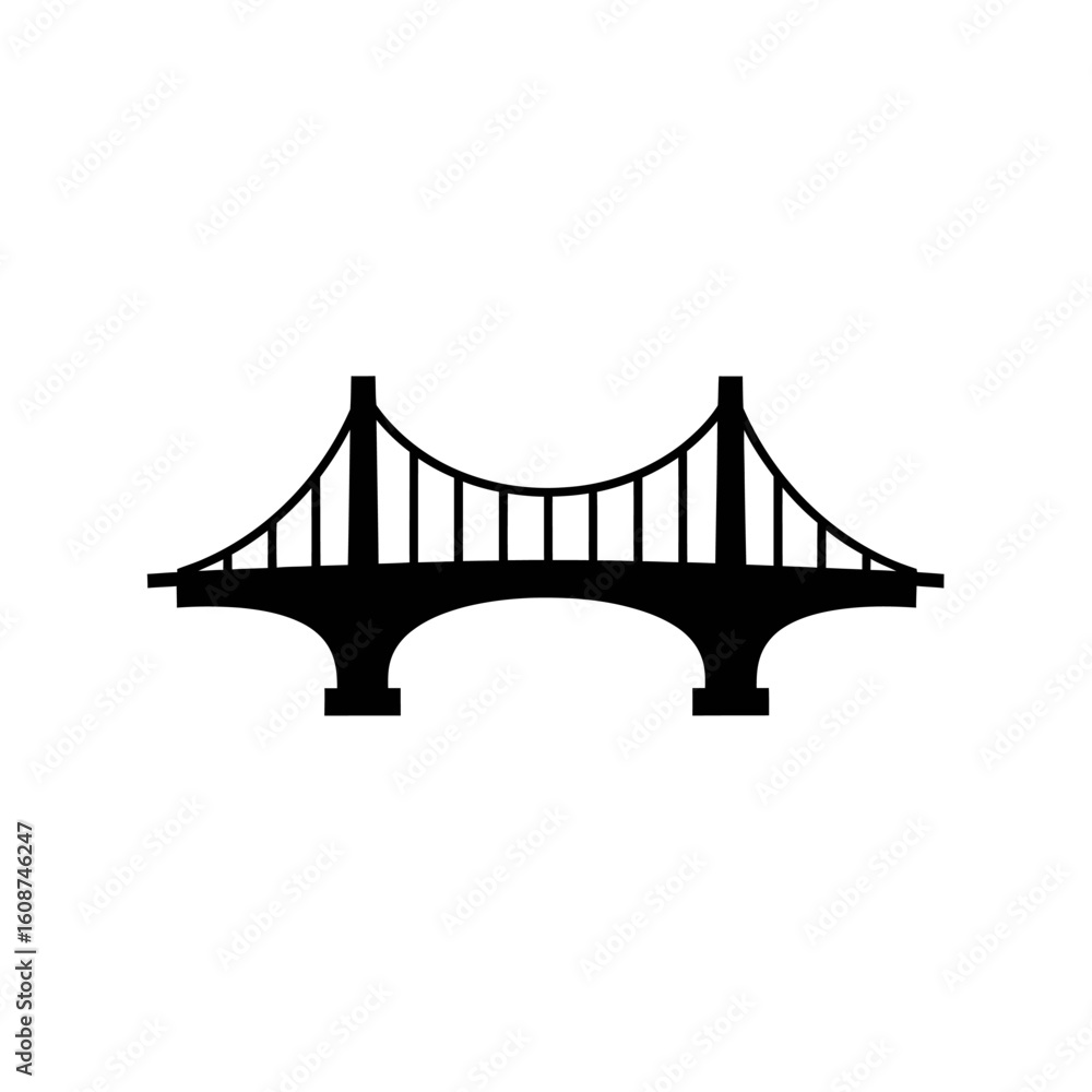 Fototapeta premium Black silhouette of a suspension bridge with two towers, isolated on a white background.