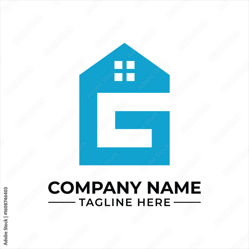 Fototapeta premium Modern Real Estate Logo Design with Letter G and House Shape in Light Blue Color Scheme