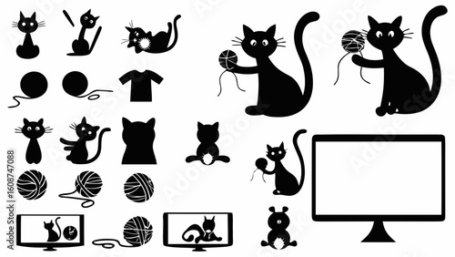 Collection of black cat silhouettes in various poses with yarn balls and a t shirt and tv screens shown