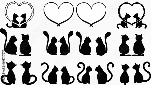 Silhouetted cats in various poses including pairs with hearts above and between them in black and white
