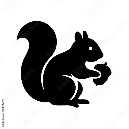 A flat black vector icon of a squirrel with a bushy tail holding an acorn. A simple animal silhouette logo design.