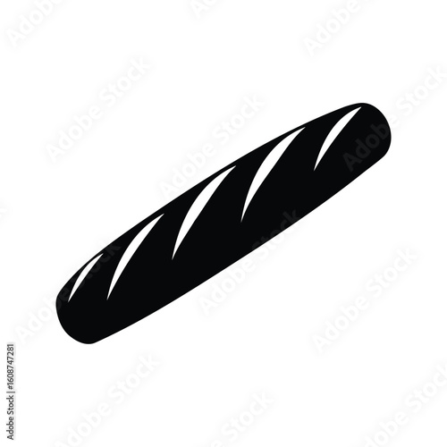 Simple black silhouette of a fresh, crusty baguette on a white background