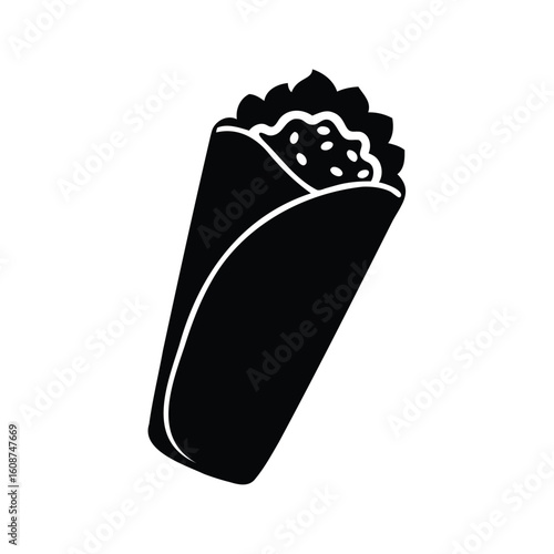 Black and white vector illustration of a burrito, traditional mexican food