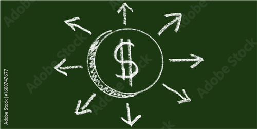 Chalk hand-drawn expanding money icon on green chalkboard. Simple doodle vector representing financial growth, profit increase, wealth expansion, investment return, and success.