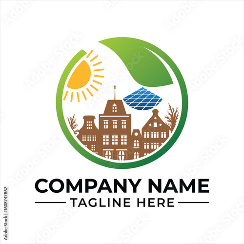 Sustainable Energy Logo with Cityscape Sun and Solar Panel Green Energy Company Branding and Eco Friendly Town