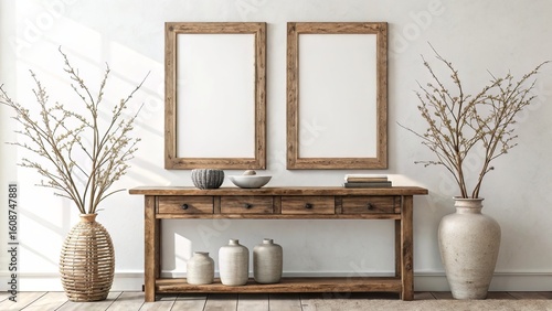 Modern Scene with Two Vertical Wooden Frames and Rustic Console