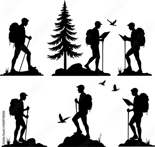 mountain hiking, outdoor adventure,  walking man vector bundle
