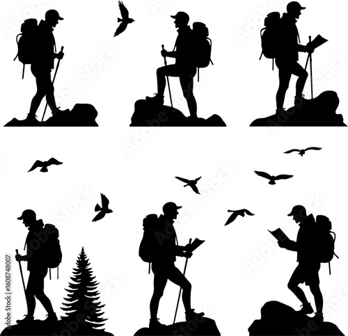  mountain hiking, outdoor adventure,  walking man vector bundle