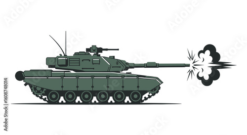 A powerful military tank is shown firing its main gun, creating a large explosion of smoke and fire, set against a simple white background, ideal for military illustrations, war documentaries, or