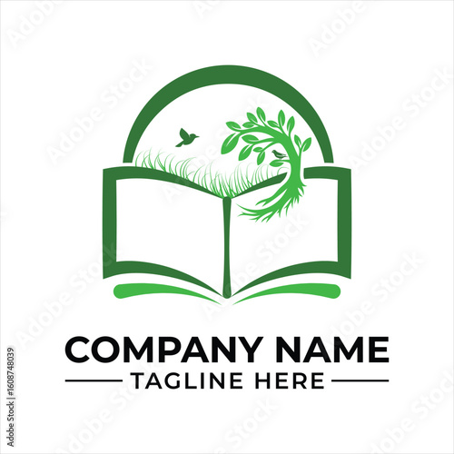 Nature Inspired Learning A Logo Design Combining an Open Book, Verdant Grass, A Flourishing Tree and Birds