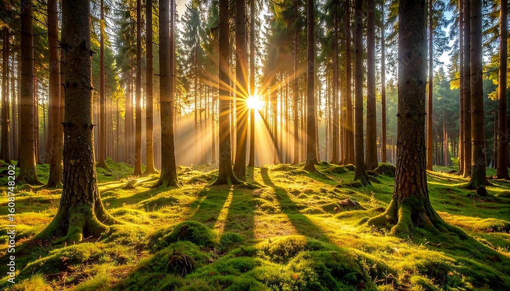 Fototapeta premium Sunlight streams through a dense forest, illuminating mossy ground