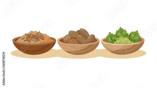 Three bowls of food vector illustration featuring curry dates and guacamole for food blog and recipe sites