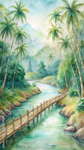 tropical bamboo bridge on the river