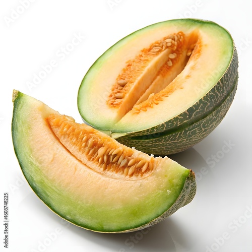 Wallpaper Mural Halved Cantaloupe with Slice Showing Seeds and Juicy Flesh on White Background Torontodigital.ca