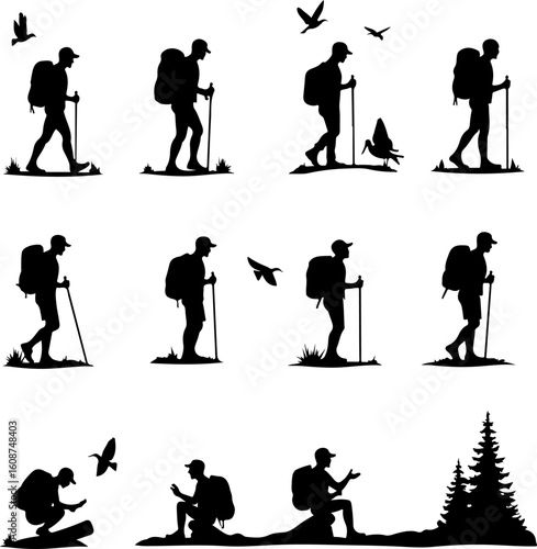  mountain hiking, outdoor adventure,  walking man vector bundle