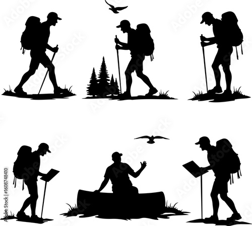 Hiking Adventure  Man outdoor  walking man illustration,