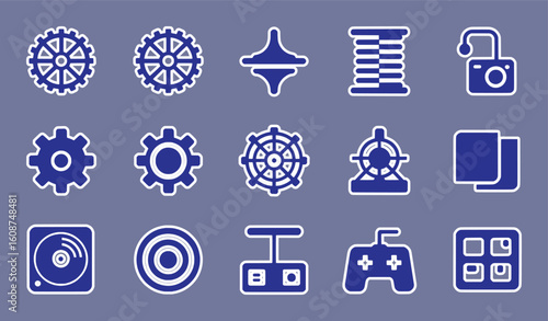 Blue mechanical and technological icons on gray background gear wheel