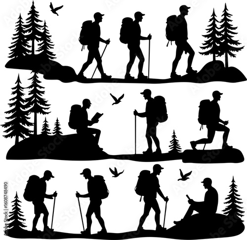 Hiking Adventure  Man outdoor  walking man illustration,