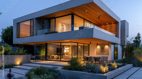 Wallpaper Mural Modern luxury home with warm interior lighting at dusk Torontodigital.ca