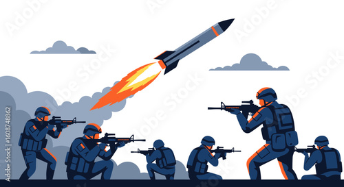 Soldiers in military uniform aim rifles as a missile launches into the sky, depicting an armed conflict.