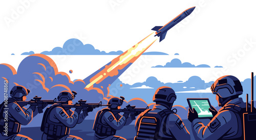 Soldiers in tactical gear observe a powerful missile launch into the sky, symbolizing modern warfare, defense, and strategic operations.