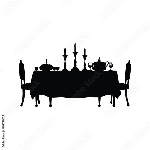 Silhouette of a formal dining table with food, drink and candelabras