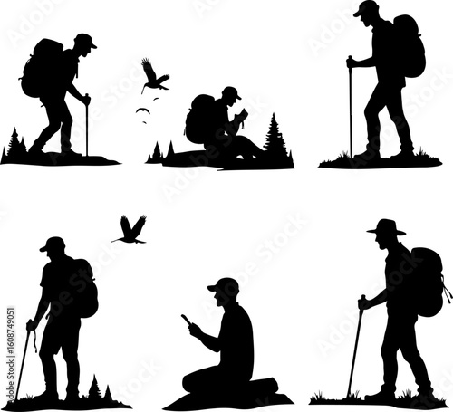 Hiking Adventure  Man outdoor  walking man illustration,